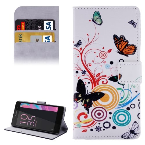 For Xperia E5 Butterfly Pattern Leather Case with Holder, Card Slots & Wallet