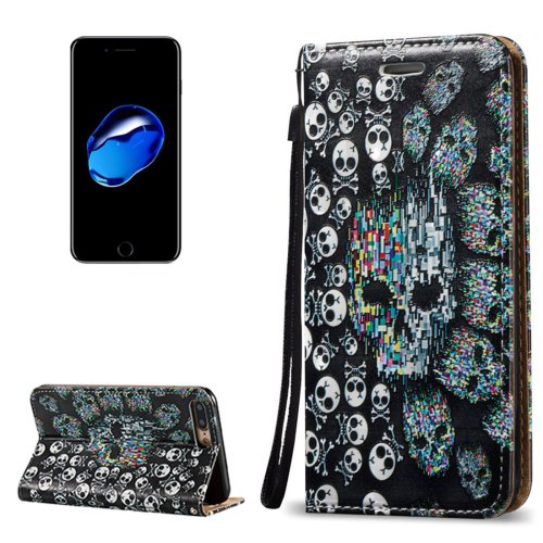 For iPhone 7 Plus 3D Relief Skull Leather Case with Holder, Card Slots & Lanyard