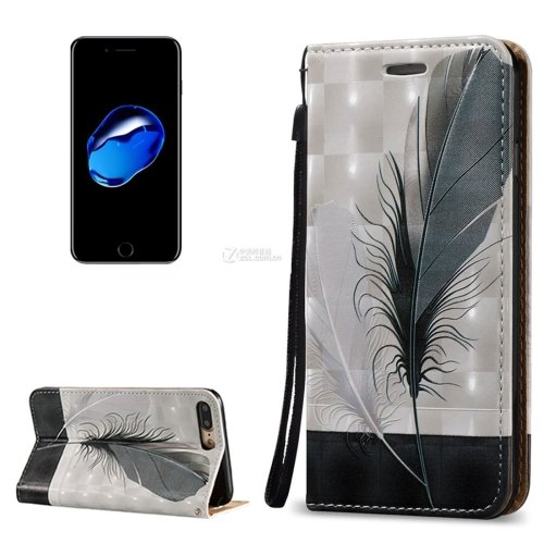 For iPhone 7 Plus 3D Relief Feather Leather Case with Holder, Card Slots & Lanyard