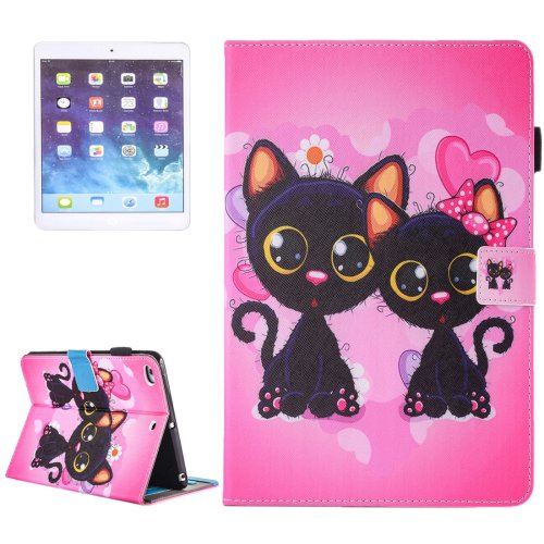 For iPad Air 2/iPad 6 Two Cats Pattern Leather Case with Holder, Card/Pen Slots & Wallet