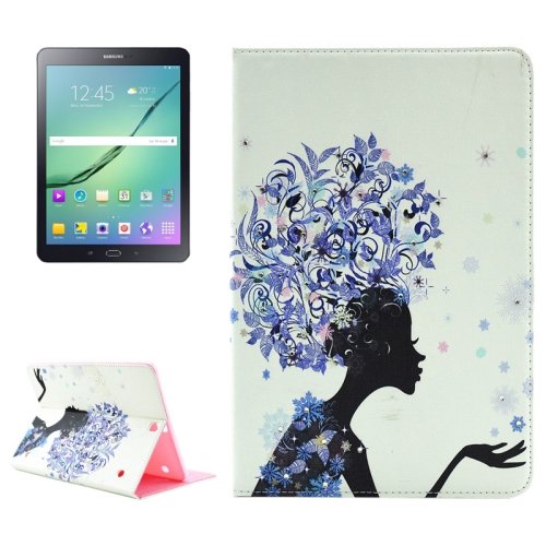 For Tab S2 9.7/T815 Blue Flower Girl Diamond Flip Leather Case with Holder