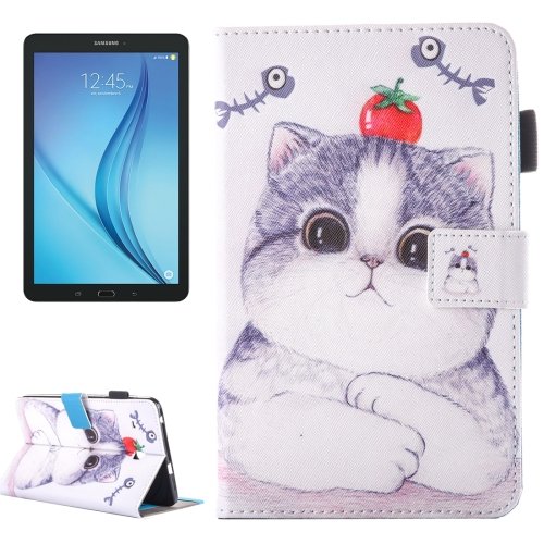 For Galaxy Tab E 8.0 Tomato Cat Pattern Flip Leather Case with Holder & Card/Pen Slots