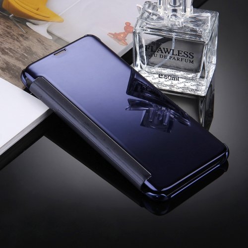 For Galaxy S8+ Dark Blue Electroplating Mirror Smart Cover Flip Leather Case