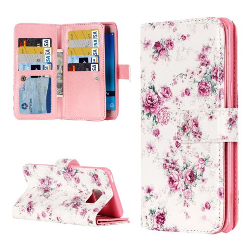 For Galaxy J5 (2016) Rose Pattern Flip Leather Case with 9 Card Slots, Wallet & Holder