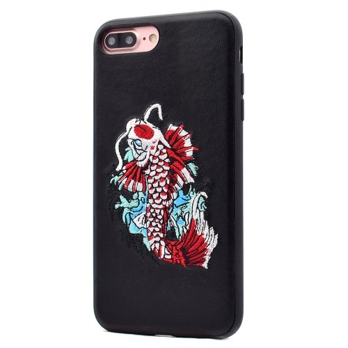 For iPhone 8+&7+ PU Leather Carp Pattern Magnet Embroidery Back Cover Case