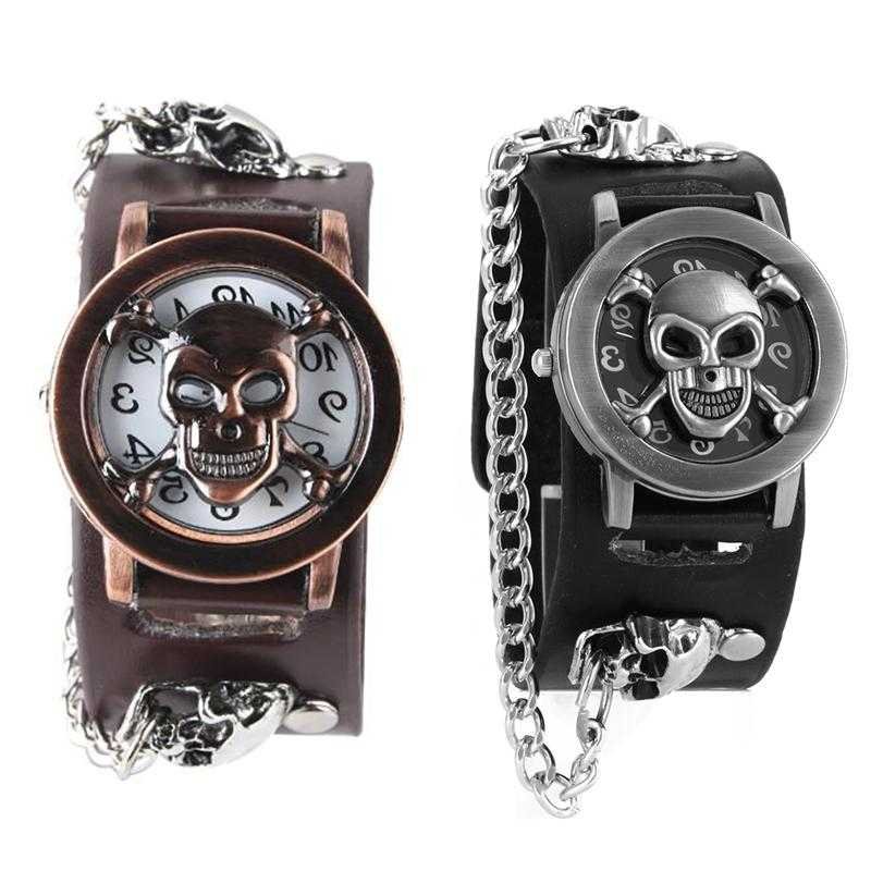 Copper Skull Leather Watch men fashion punk sports Quartz Wrist Watch - 2 colors
