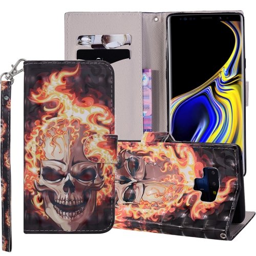 For Galaxy Note 9 Fire Skull Horizontal Flip Leather Case with Holder, Card Slots & Wallet