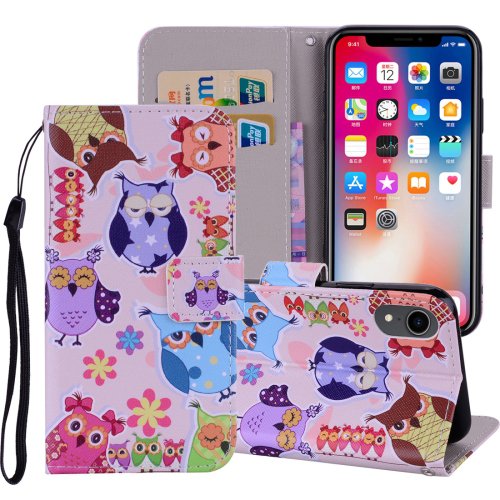 For iPhone XR Colored Owl Horizontal Flip Leather Case with Holder, Card Slots & Wallet