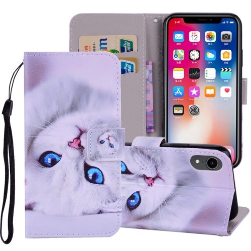 For iPhone XR White Cat Horizontal Flip Leather Case with Holder, Card Slots & Wallet