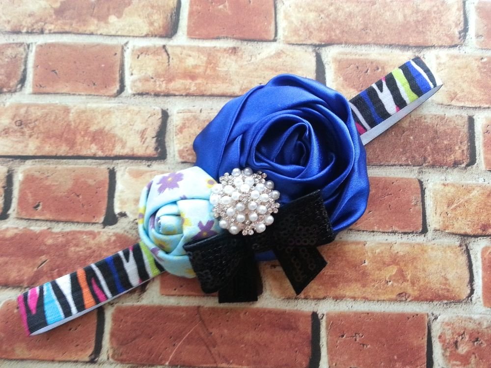 Handmade boutique Blue rosette rhinestone hair bow with matching headband