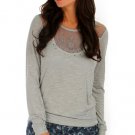 Gray Long Sleeve Top with Mesh Yoke & Metal Studs