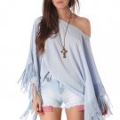 Blue Fringe Batwing Sleeve Tunic Top
