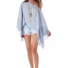 Blue Fringe Batwing Sleeve Tunic Top - M