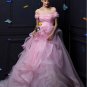Large Satin Ball Gown with Lace Embroidered V-Neck in Pink