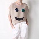 Smiley Face Pleated Material Top - Beige