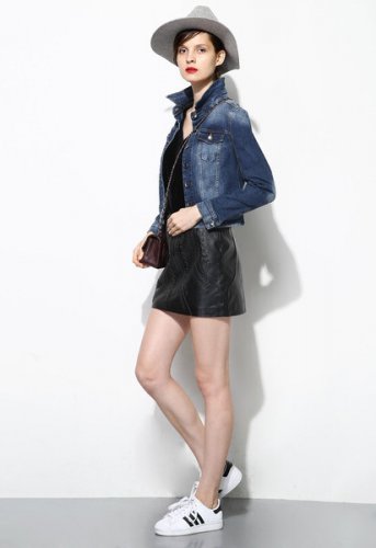 100% Lamb Skin Weave Pattern Leather Mini Skirt - M