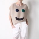 Smiley Face Pleated Material Top - Beige