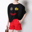 Smiley Face Pleated Material Top - Black