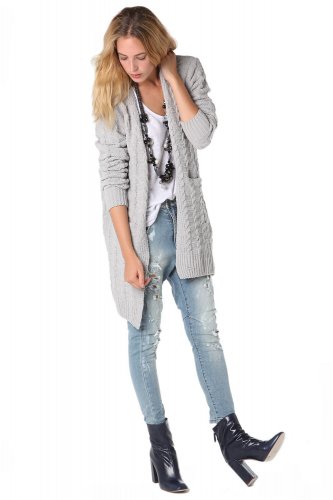 Gray Longline Cable Cardigan - M