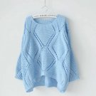 One size light blue Solid Crochet Rhombus-Pattern Casual Round Neckline Top sweater