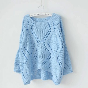 One size light blue Solid Crochet Rhombus-Pattern Casual Round Neckline Top sweater