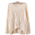 Solid Crochet Rhombus-Pattern Sweater Casual Round Neckline Top, ivory, one size