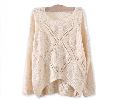 Solid Crochet Rhombus-Pattern Sweater Casual Round Neckline Top, ivory, one size