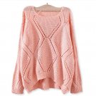 Solid Crochet Rhombus-Pattern Sweater Casual Round Neckline Top, coral, one size