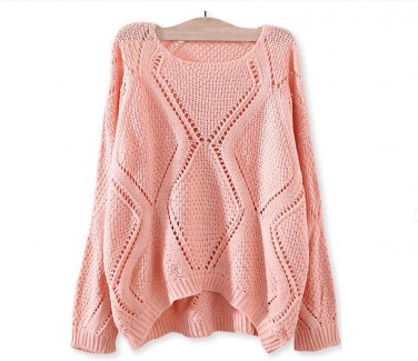 Solid Crochet Rhombus-Pattern Sweater Casual Round Neckline Top, coral, one size