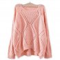 Solid Crochet Rhombus-Pattern Sweater Casual Round Neckline Top, coral, one size