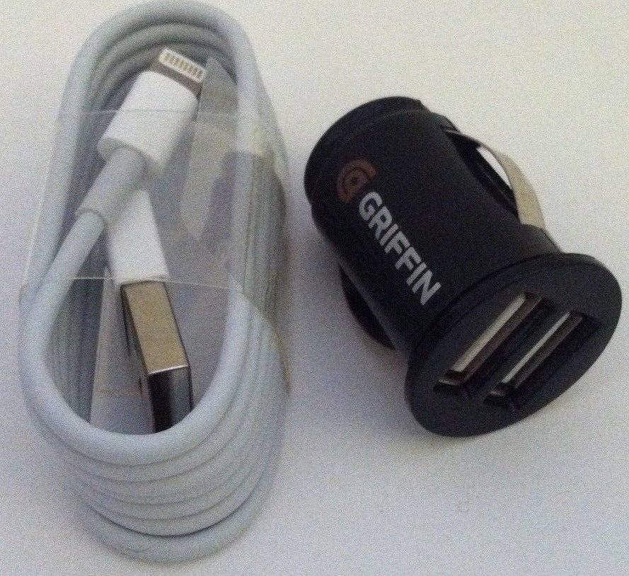 Original 1M Lightning USB Charge Cable + 3.1A Griffin Dual-USB Car Charger USA