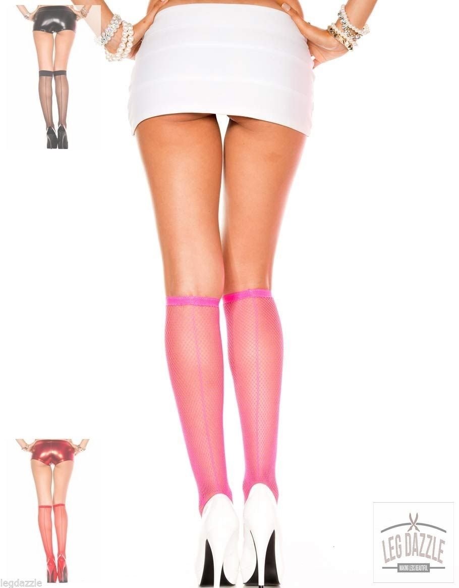 3 Pair Fishnet Backseam Knee High Socks, Stockings Knee Hi Pink, Black & Red