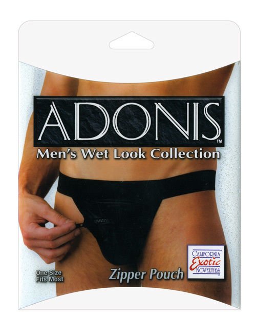 Adonis Men's Black Brief Wet Look Zipper Pouch, Panty, Underwear, One Size