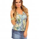 New Blue Multi Color Blend Snake Skin Print Tank Top Blouse Shirt S, M