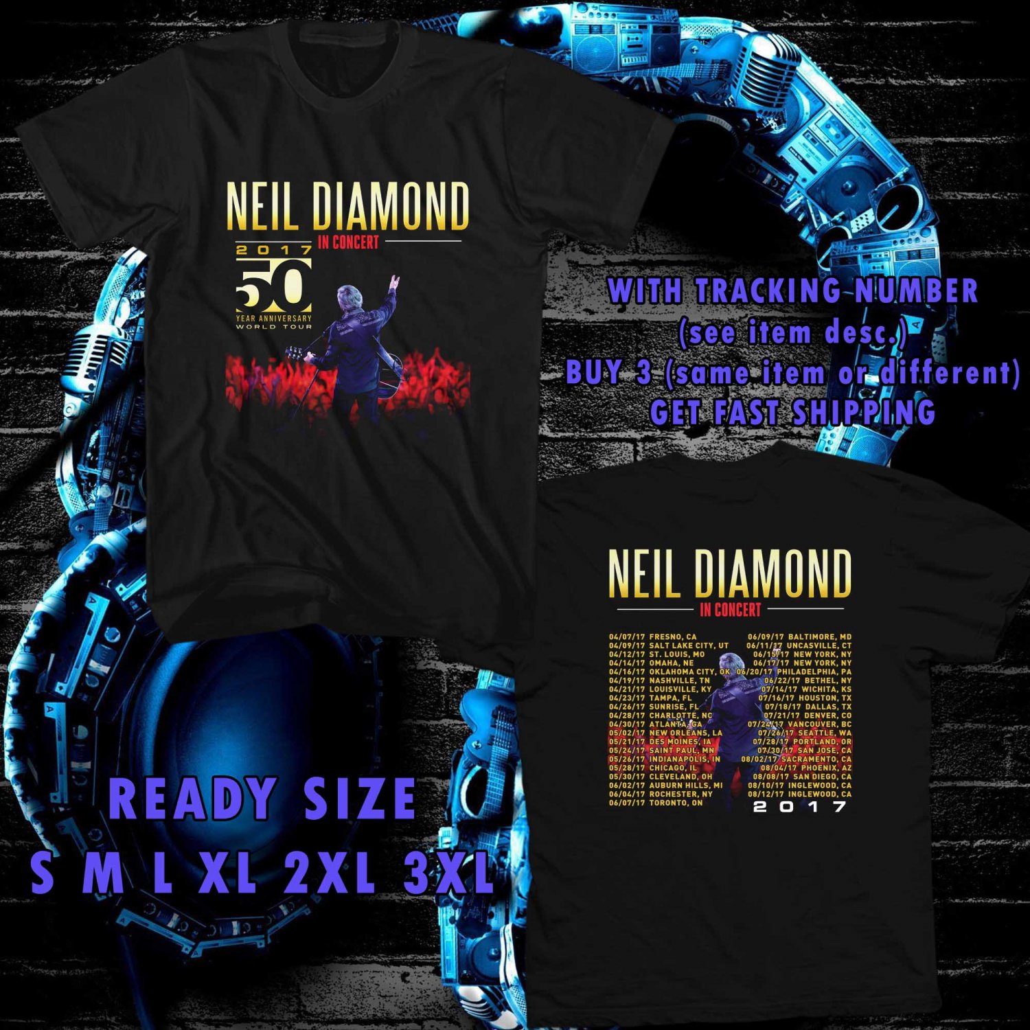 WOW NEIL DIAMOND 50 YEARS TOUR 2017 BLACK TEE S-3XL ASTR 632