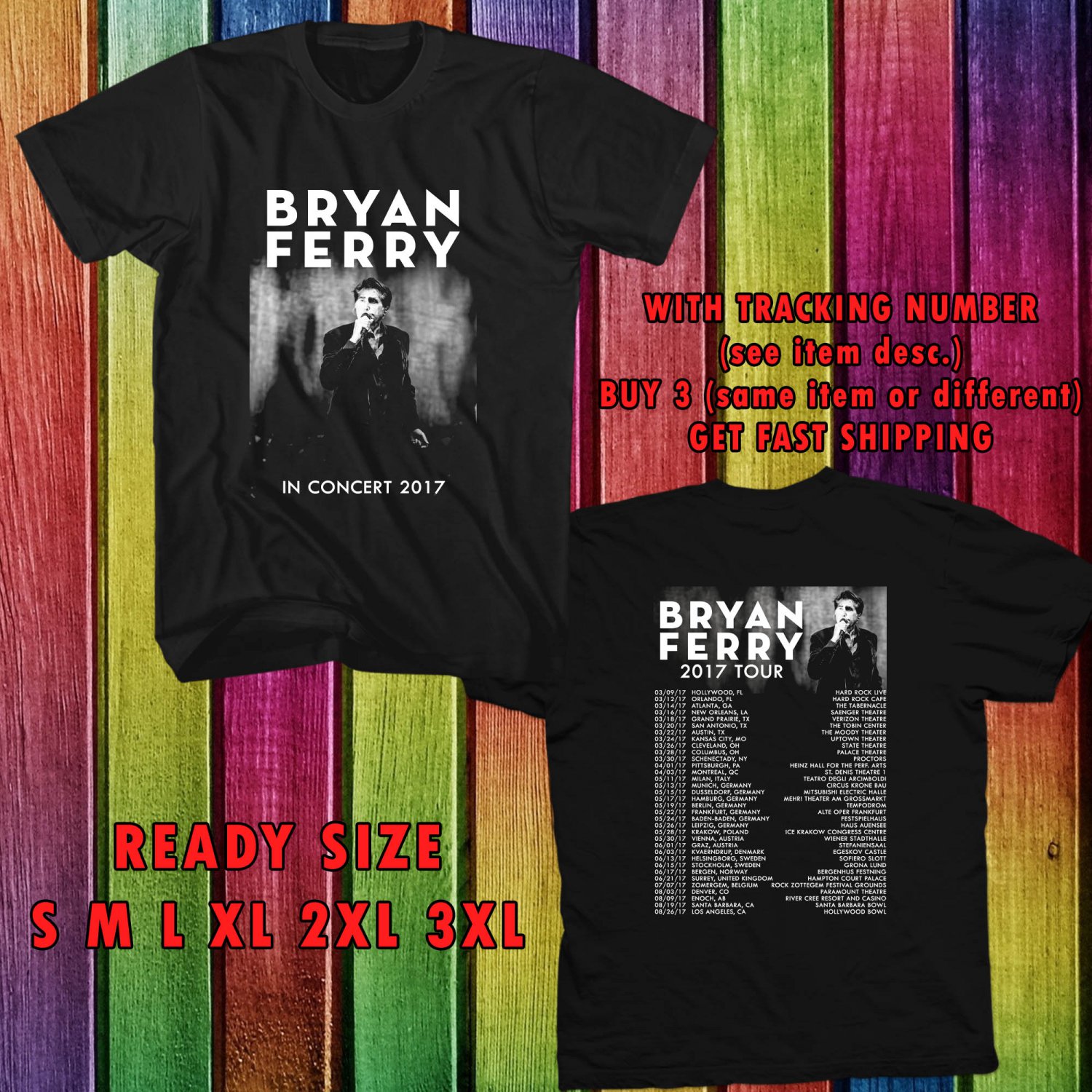 WOW BRYAN FERRY ON WORLD TOUR 2017 BLACK TEE S-3XL ASTR