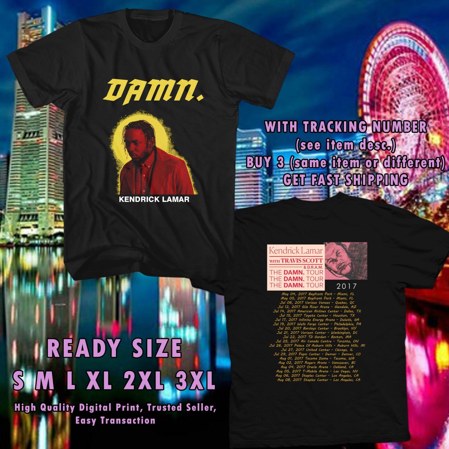 NEW KENDRICK LAMAR W TRAVIS SCOTT THE DAMN TOUR 2017 BLACK TEE W DATES DMTR 116