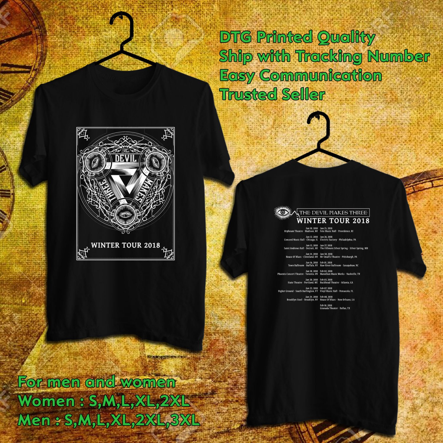 HITS THE DEVIL MAKES THREE WINTER TOUR 2018 BLACK TEE'S 2SIDE MAN WOMEN ...