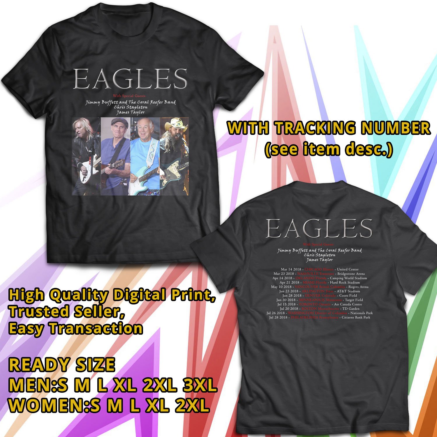 HITS EAGLES NORTH AMERICA TOUR 2018 BLACK TEE'S 2SIDE MAN WOMEN ASTR 998