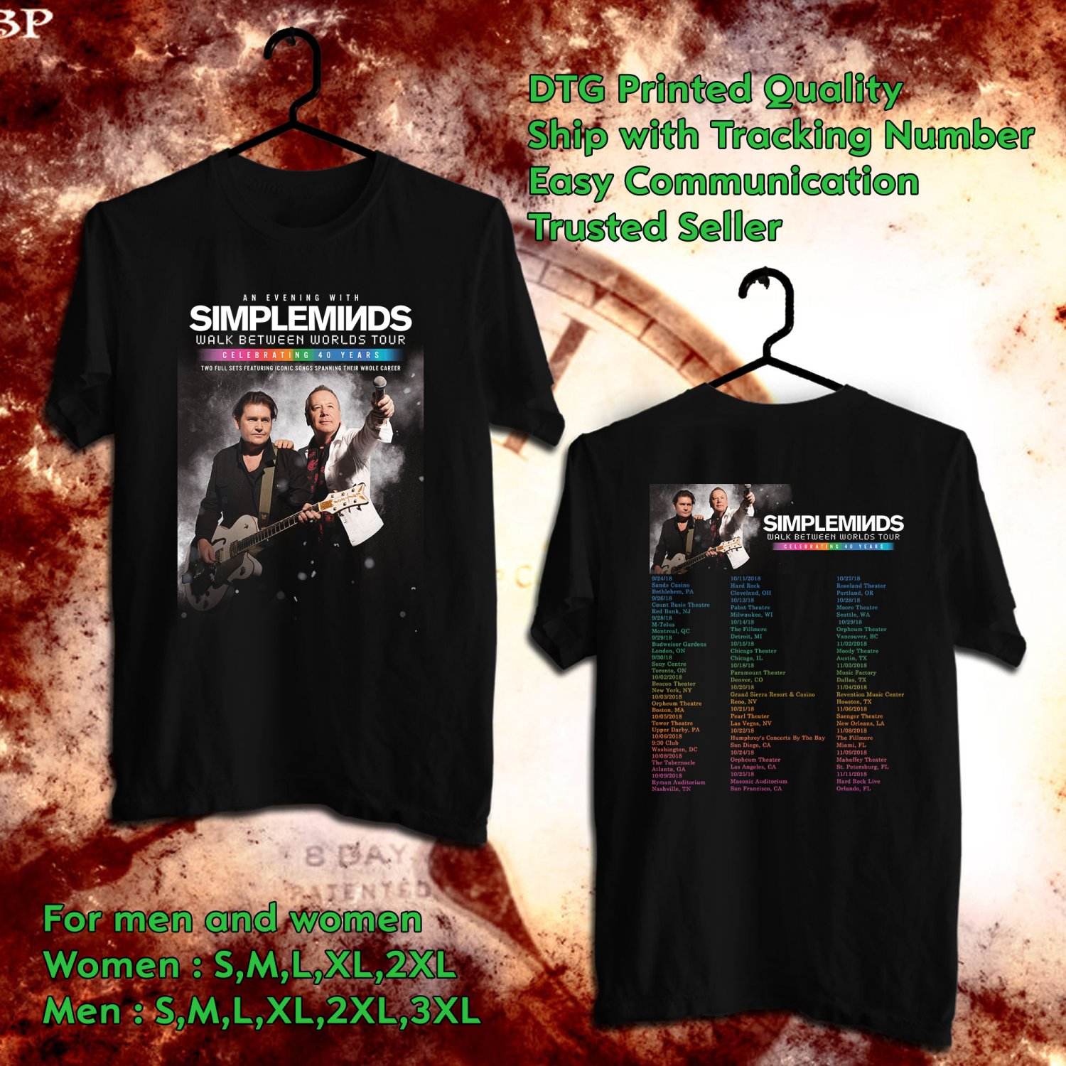 HITS SIMPLEMINDS WALK BETWEEN WORLDS TOUR 2018 BLACK TEE'S 2SIDE MAN ...
