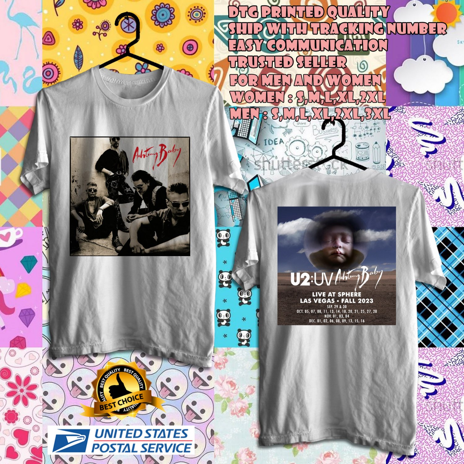 HITS ON 2023 U2 ACHTUNG BABY AT SPHERE LAS VEGAS TOUR WHITE TEE SHIRT W