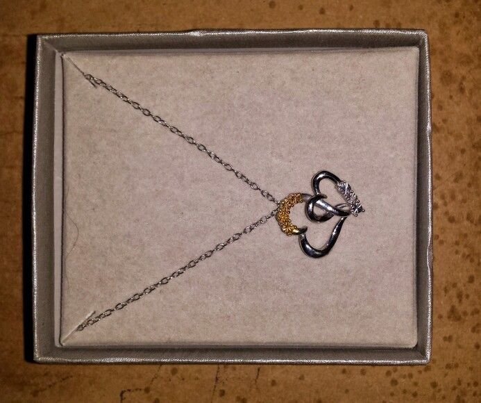 New Zales Yellow & White Diamond Double heart Love Pendant Necklace SS Silver