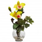 Mini Cattleya w/Fluted Vase Silk Flower Arrangement - Yellow