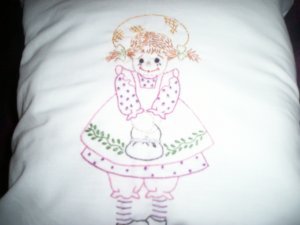 Handcrafted hand embroidered decorative throw bed pillow raggedy rag doll