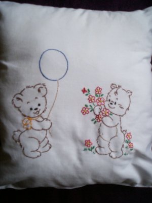 Handcrafted hand embroidered decorative throw bed pillow fun with teddy bears