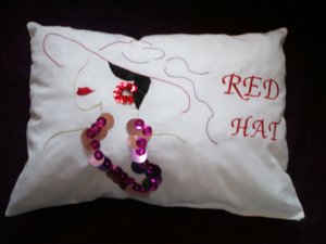 handmade embroidered decorative throw bed pillow red hat lady roaring 20's