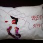 handmade embroidered decorative throw bed pillow red hat lady roaring 20's