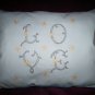 Handcrafted decorative throw bed pillow steel blue fabric with love gold flowers hand embroidered