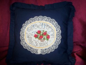 decorative throw pillow dark blue cross stitched gather ye rose buds while ye may