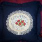 decorative throw pillow dark blue cross stitched gather ye rose buds while ye may